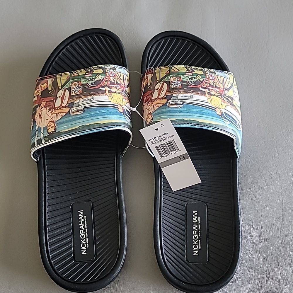 Nick Graham Dane Happy Men's Slide Sandals Beach Print Father Day Size 13 M